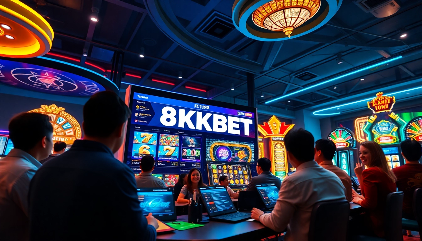 Engaging scene of 8KBET online casino platform showcasing interactive games and excited players.
