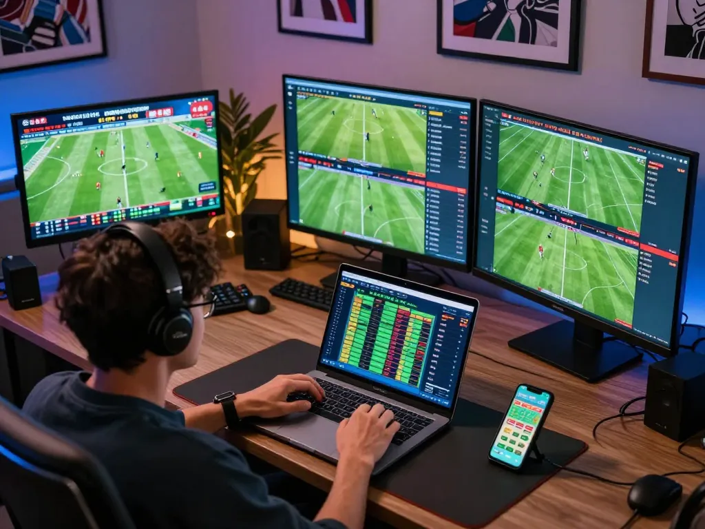 KQBD sports betting scene showcasing real-time match analysis on multiple screens