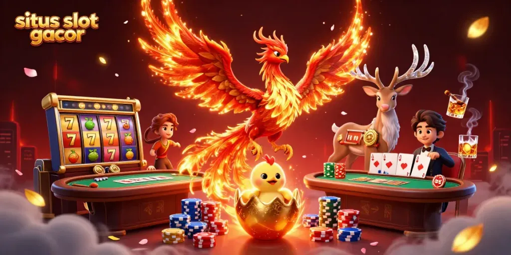Gambarkan situs slot gacor dengan phoenix, slot berputar, dan simbol keberuntungan di kasino.