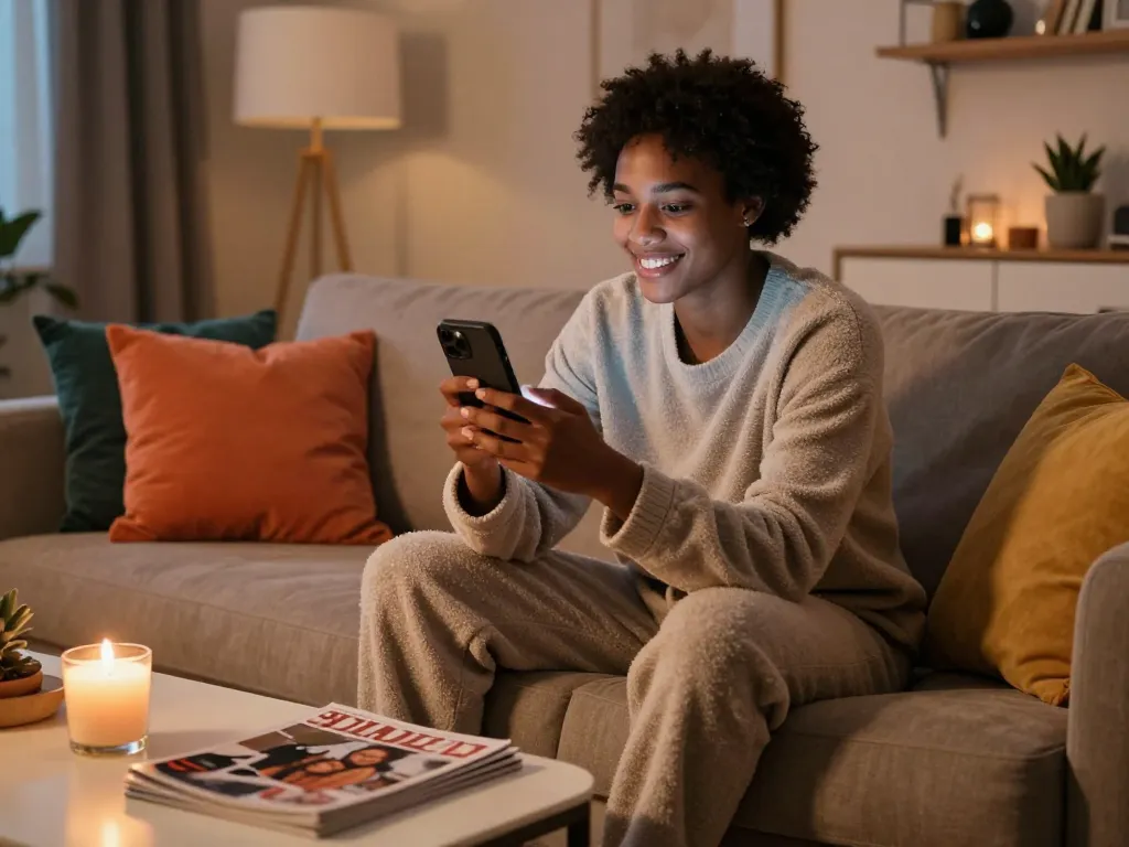 Engaging in AI sexting conversation on a smartphone in a cozy living room.