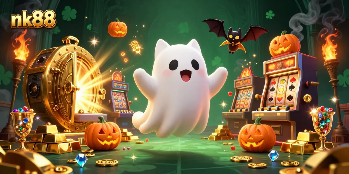 Experience the excitement of nk88 with a ghost cat, bat companion, and casino treasures!