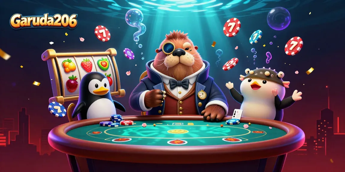 Experience immersive gameplay at Garuda206 with our animated underwater poker showdown featuring vibrant slot reels.