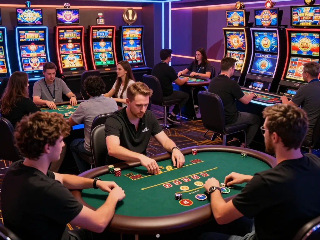 Engaging online gaming experience at hitclub's vibrant virtual casino with lively players and neon lights.