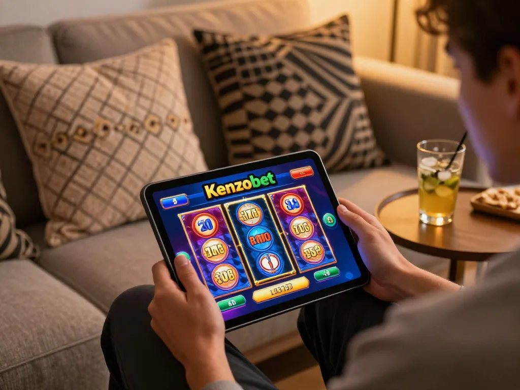 Kenzobet player enjoying online slots on a tablet in a cozy setting.