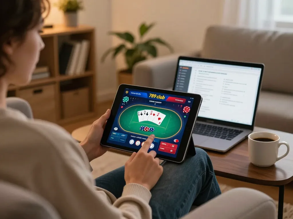 Engaging in a poker game on 789 club online platform in a cozy home setting.