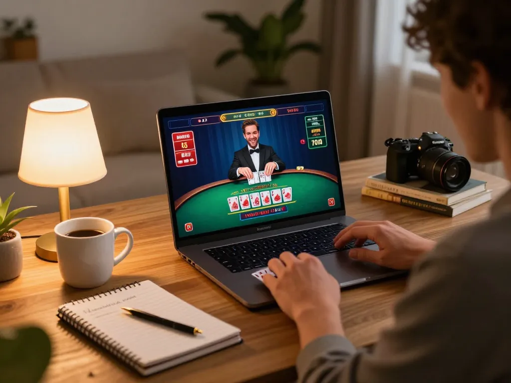 Engaging in blackjack on trang chủ 79king from a cozy home setup with laptop and strategy notes.