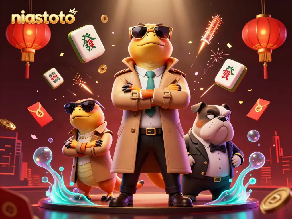 Gambarlah niastoto untuk kasino dengan tiga raptor mengenakan jas dan bouncer bulldog.