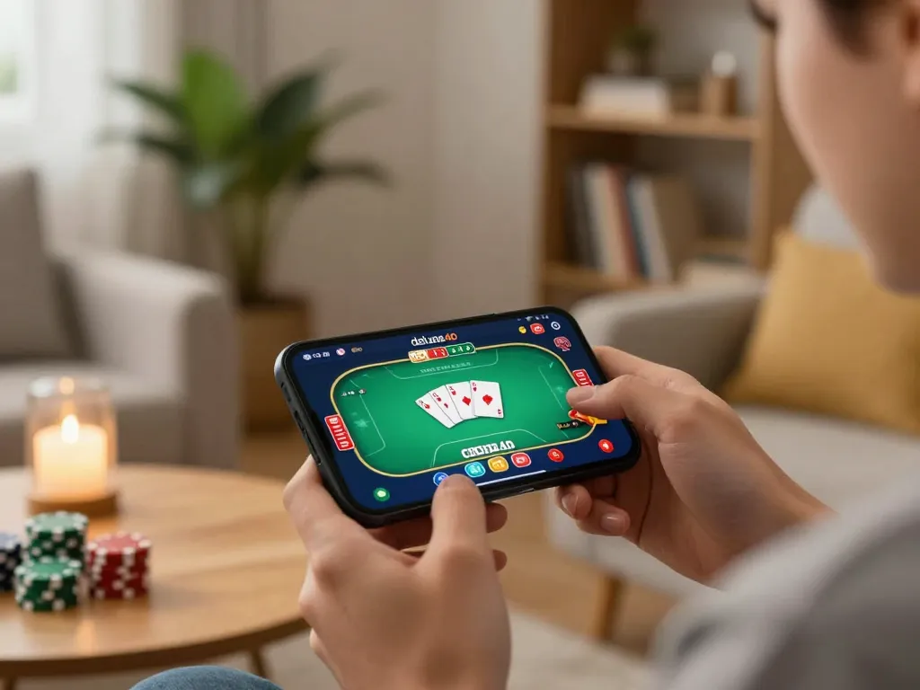 Berinteraksi dengan aplikasi kasino deluna4d di smartphone selama sesi permainan di rumah.