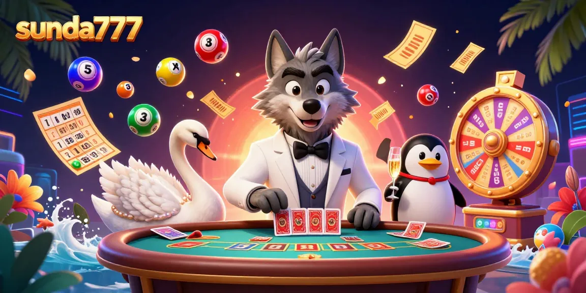 Gambarlah suasana permainan sunda777 dengan karakter menarik di meja baccarat dan elemen lotere.