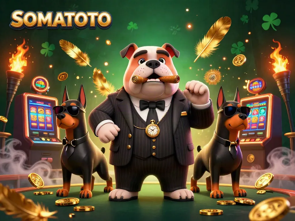 Experience thrilling wins with SOMATOTO in a lively casino scene featuring a mafia bulldog surrounded by slot machines and coins.