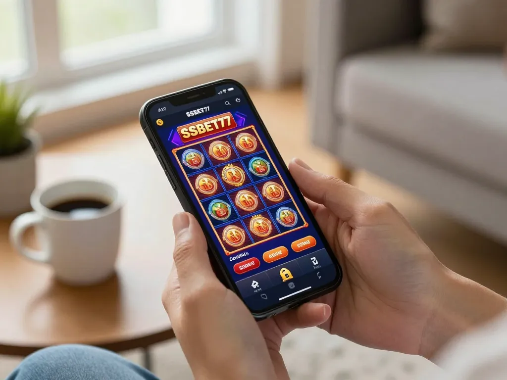 Engaging gameplay on SSBET77 app with user exploring vibrant slot games on mobile device.