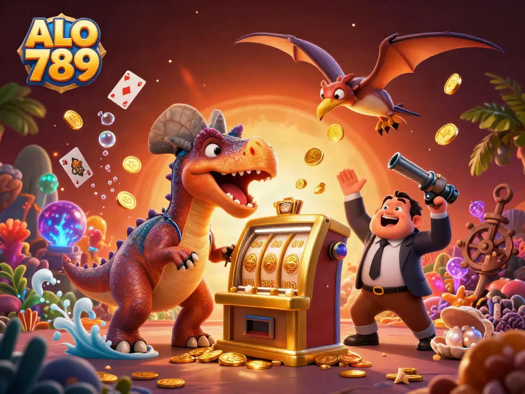Experience thrilling ALO 789 action with a pachycephalosaurus winning jackpots amidst vibrant casino chaos.