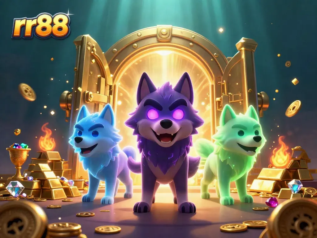 Experience the thrilling adventures at RR88 with a mesmerizing scene of enchanted wolves and treasure, portraying excitement in online gambling.