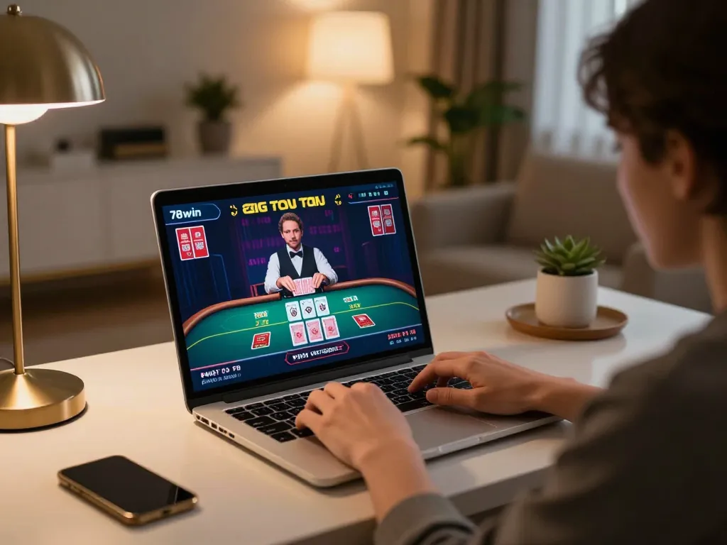 Engaging in strategic gameplay on 78win with a cozy home setup featuring a laptop.
