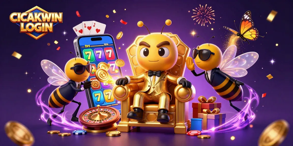 CICAKWIN LOGIN showcases an epic gaming scene with vibrant slot machines, sparkling elements, and cartoon characters in action.