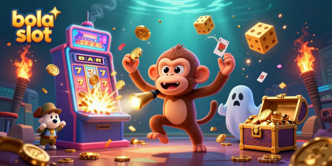 Experience the excitement of bola slot in a vibrant casino scene with mischievous characters and jackpot action.
