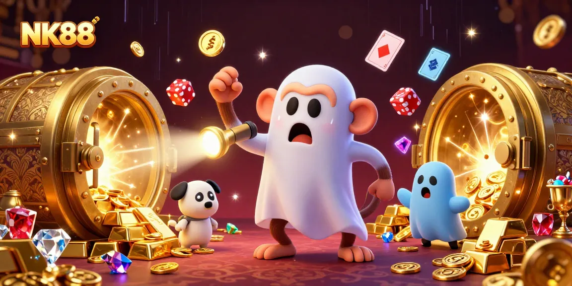 Engage with thrilling NK88 gameplay as a poltergeist monkey juggles golden treasures in a haunted casino.