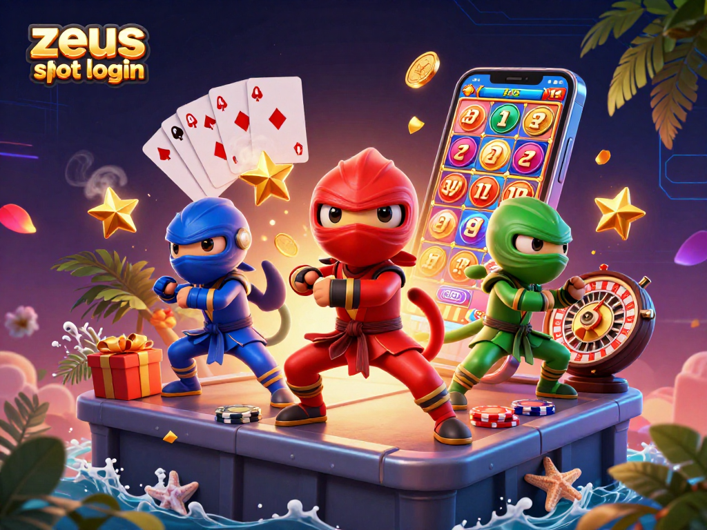 Permainan zeus slot login dengan slot yang berputar dan karakter ninja chameleon.
