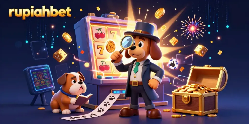 Experience thrilling gameplay with rupiahbet, as a detective discovers clues in a vibrant casino scene.