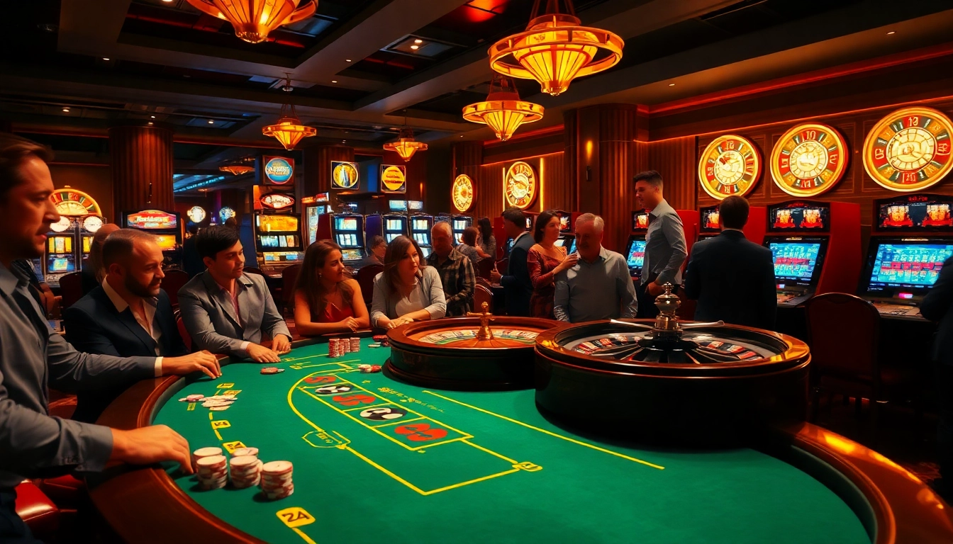 A thrilling poker game in a luxurious casino featuring BJ88 elements, with high-stakes action and vibrant slot machines.
