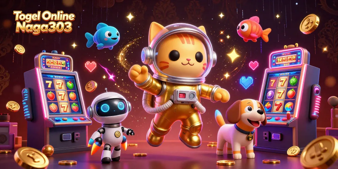 Togel Online Naga303 slot scene featuring a cat astronaut and robot dog immersed in gaming adventures
