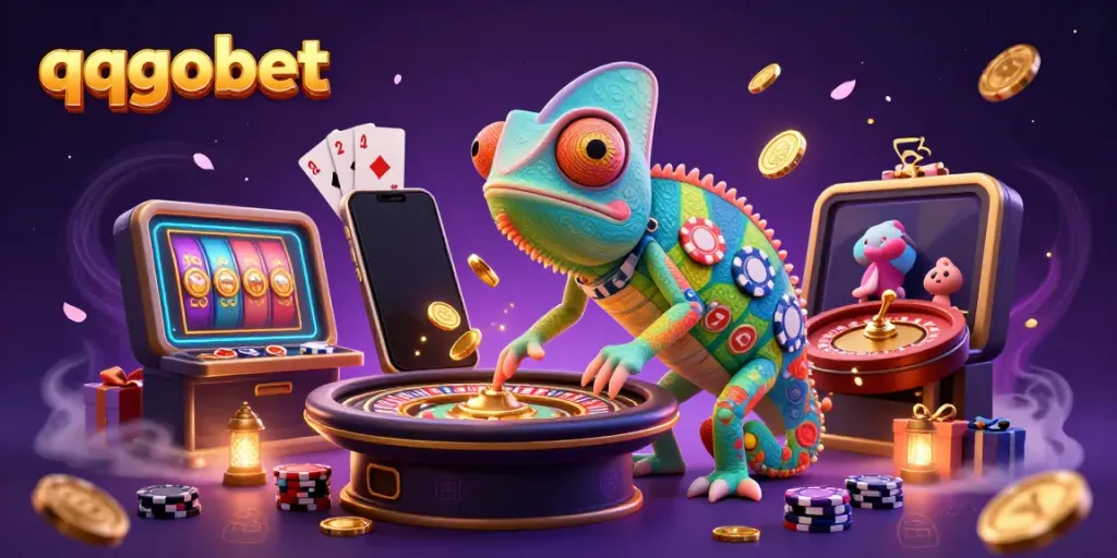 Experience the bustling thrill of qqgobet with a vibrant casino illustration showcasing games and excitement.