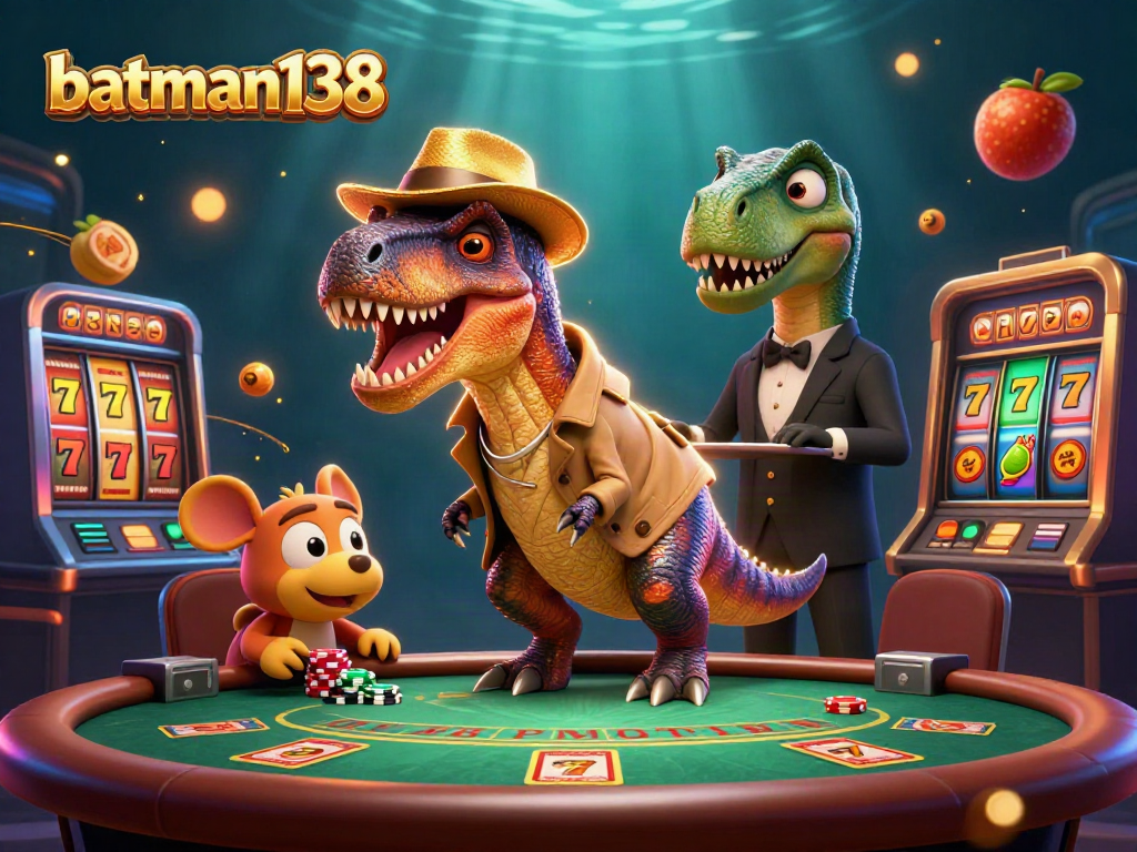Experience thrilling gameplay at batman138 with a velociraptor card counter and a suspicious pit boss in a lively casino scene.