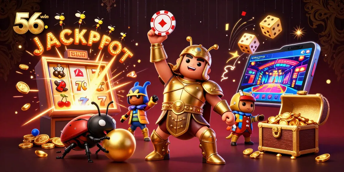 Experience the excitement of 56win with a vibrant 3D jackpot scene featuring characters and casino elements.
