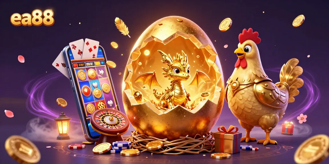 Engage with the thrilling world of ea88 as a golden dragon emerges from a poker chip nest amidst vibrant casino elements.