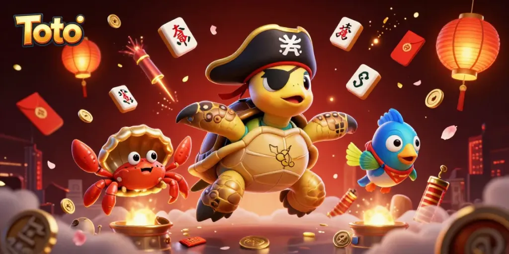 Gambar ilustrasi 3D karakter Toto yang menampilkan kucing kura-kura bajak laut dan permainan slot di sekitar.