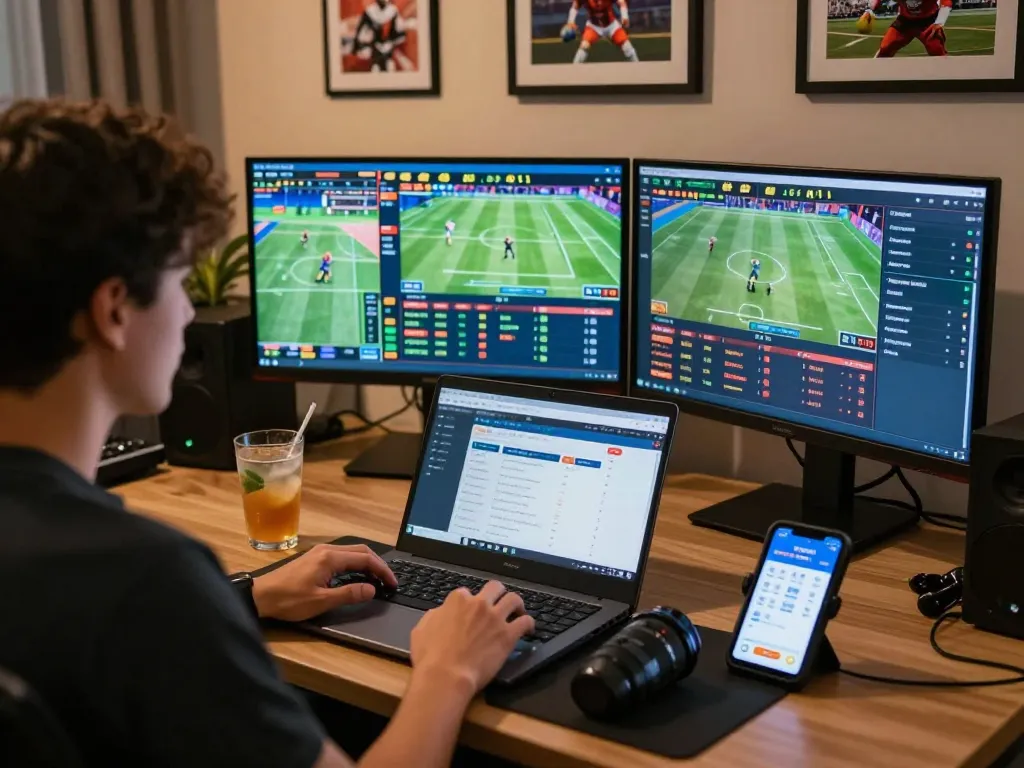 Situs toto sports betting setup showcasing live events with user engaged in dynamic betting activities.