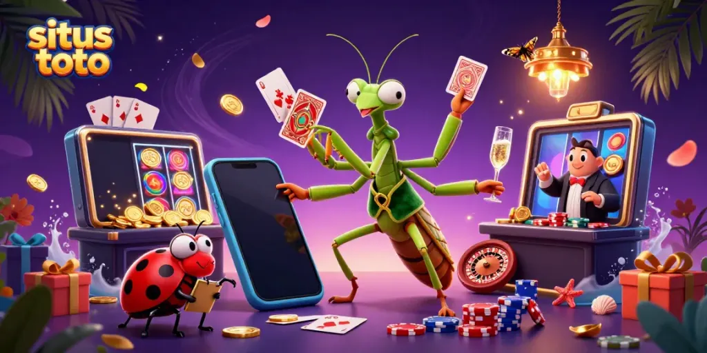 Situs toto online gaming scene with giant mantis dealer, ladybug pit boss, and casino elements.