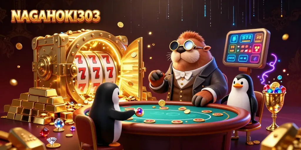 NAGAHOKI303 showcases a vibrant underwater casino scene with a jolly walrus and friends enjoying slots.