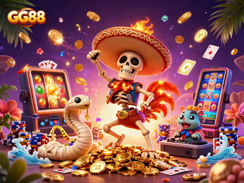 GG88 jackpot celebration featuring a lively skeleton mariachi rooster winning on a slot machine in a vibrant casino.