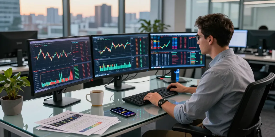 Trader analyzing market trends with multiple monitors and link slot insights in a modern office.