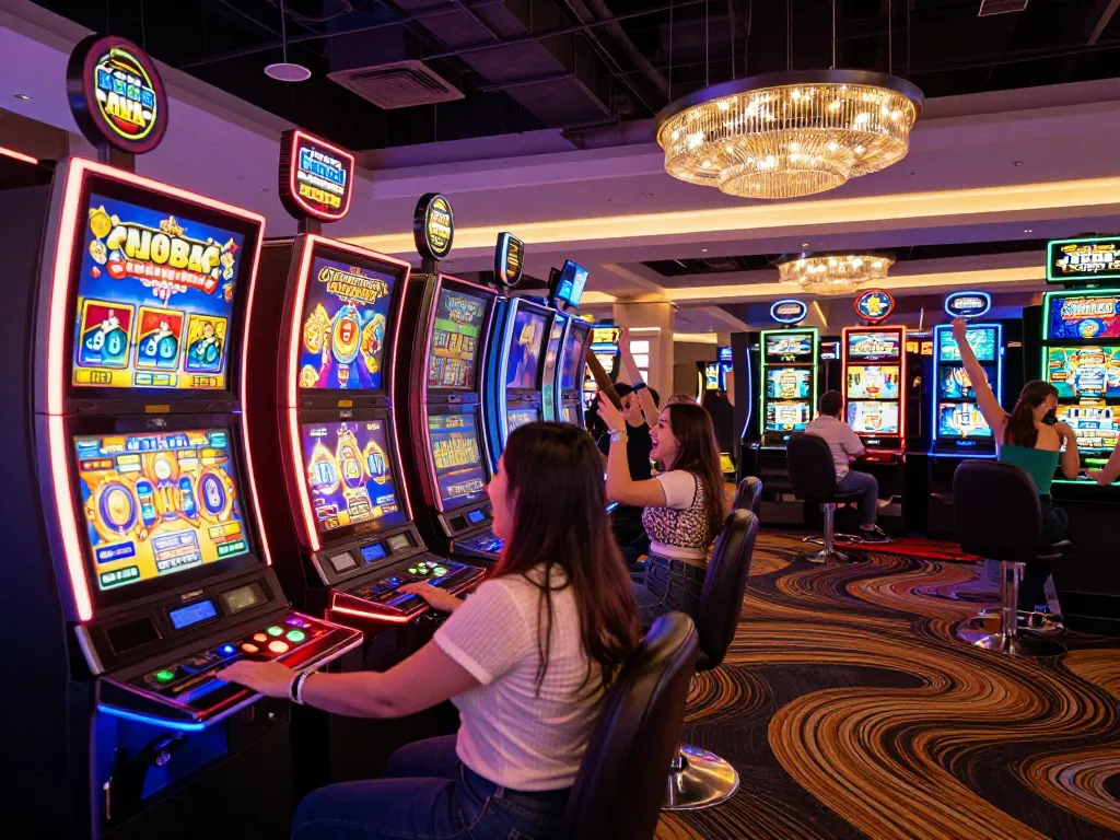 Players enjoying slot machines at MPO08 casino, vibrant lights and excitement surrounding.
