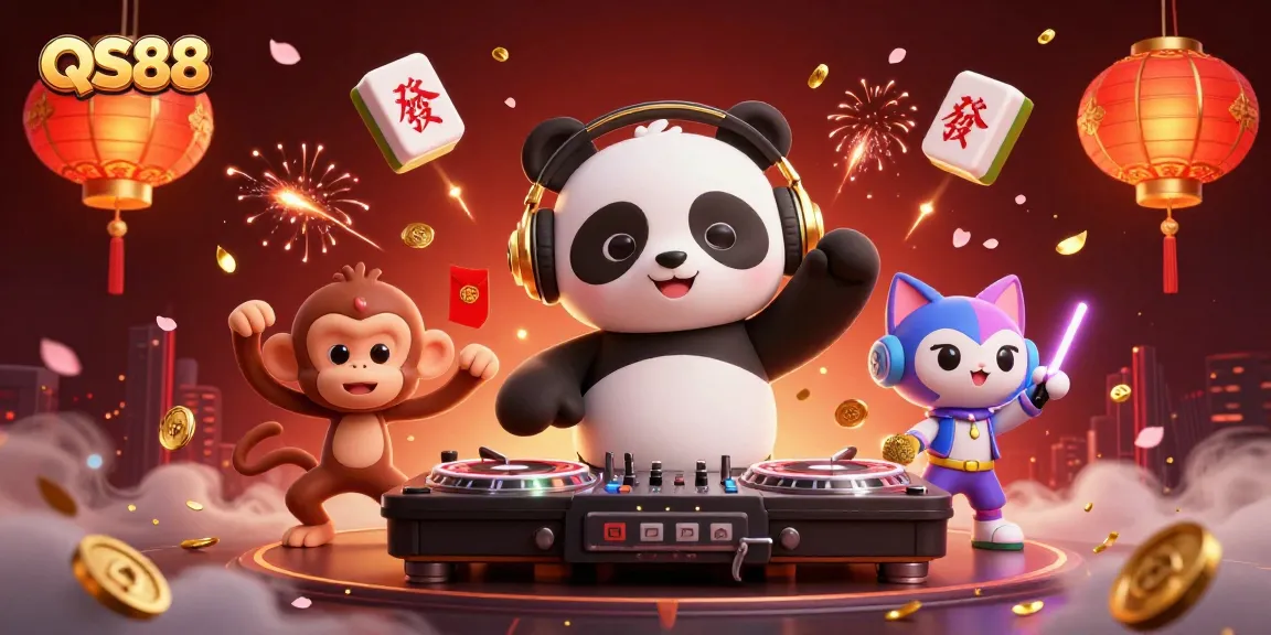 Capture the excitement of QS88 with vibrant characters and casino elements in a lively 3D illustration.
