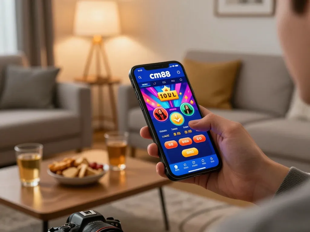 Playing cm88 on a smartphone in a cozy home gaming setup, vibrant interface visible