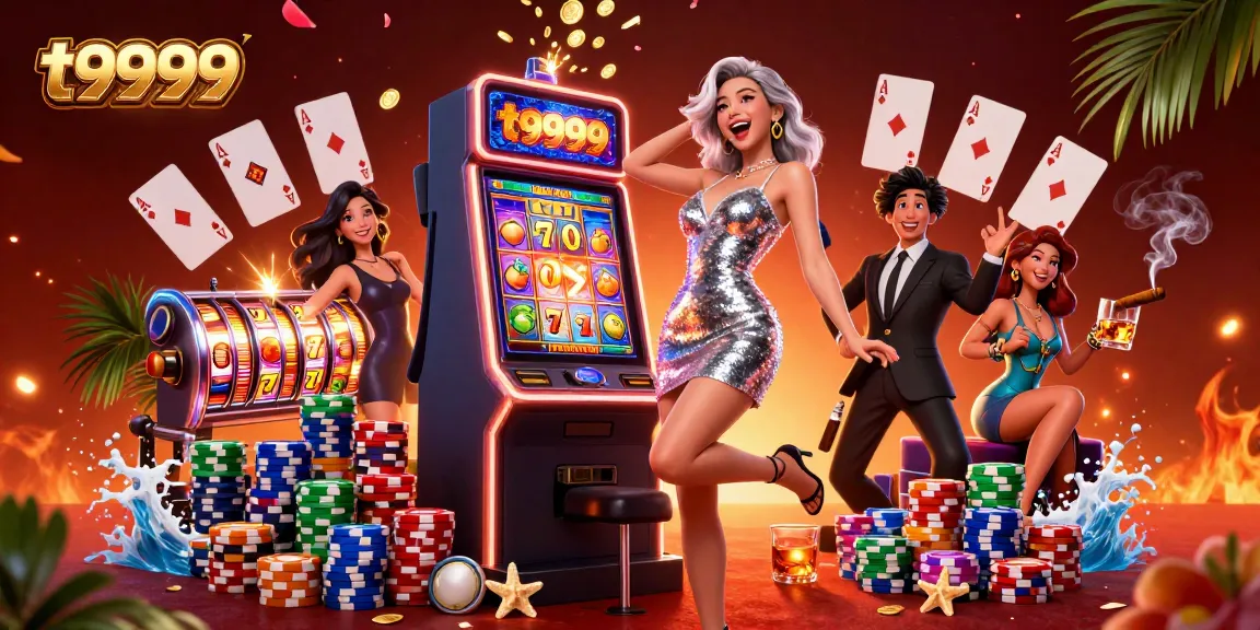 Experience the thrill of winning at t9999 with a glamorous Asian woman celebrating a jackpot win at a vibrant casino.