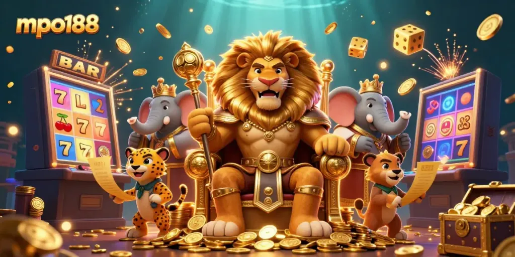 Pemain mpo188 merayakan kemenangan jackpot dengan slot machine berkilauan di latar belakang yang penuh koin dan lampu warna-warni.