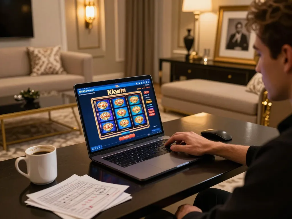Playing Kkwin online casino on a laptop with vibrant slot game interface