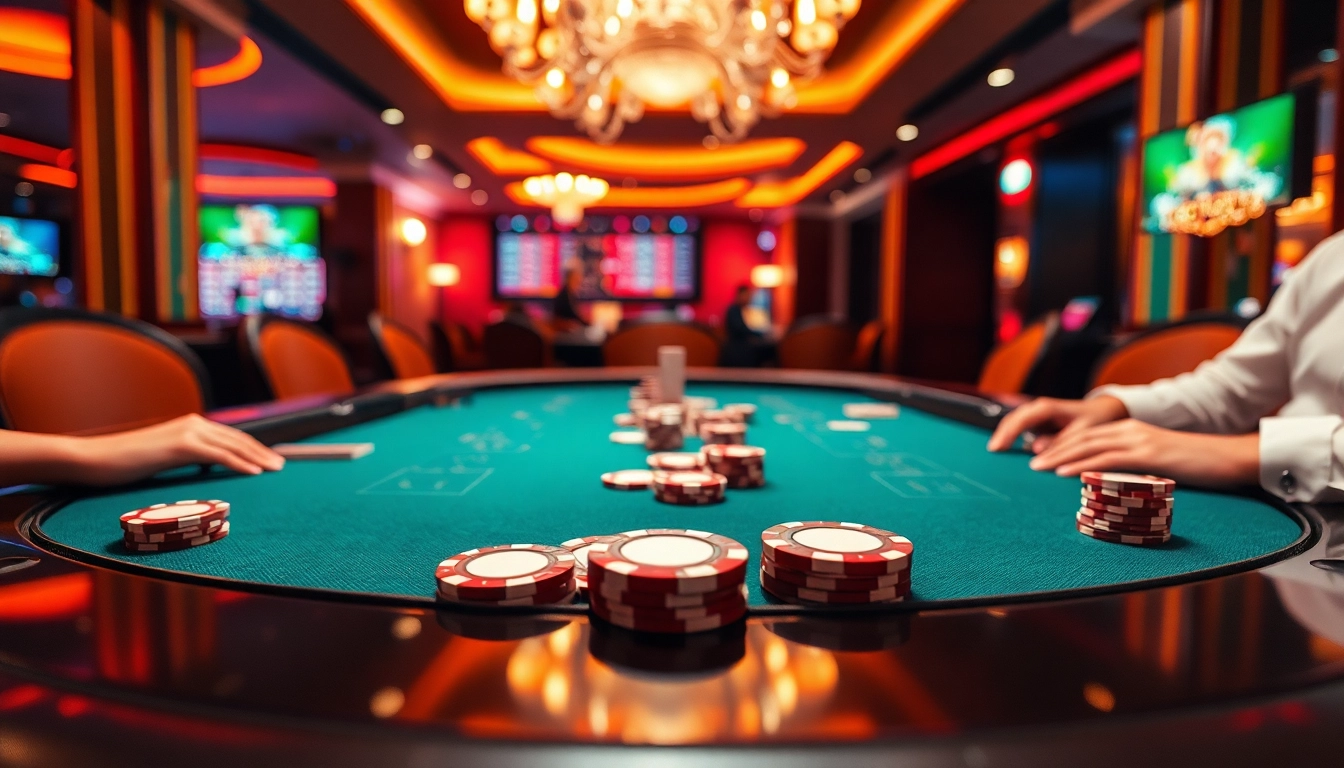 Permainan kasino di mildcasino dengan meja poker dan suasana menawan.