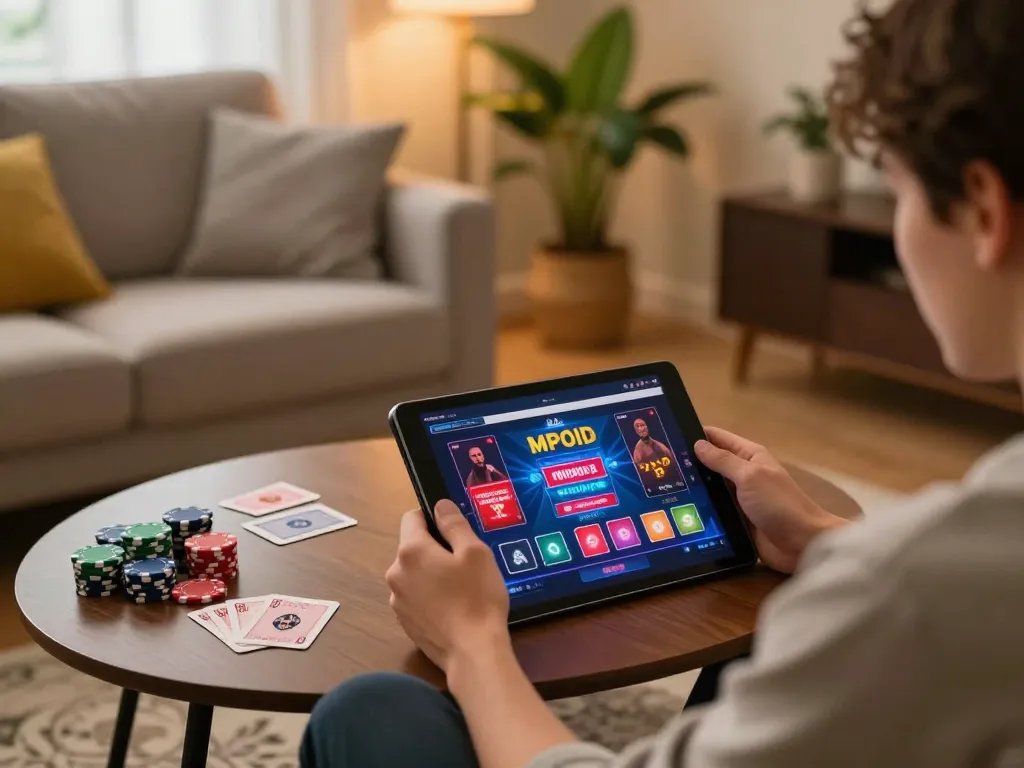 Engaging with MPOID's online casino on a tablet at home, showcasing a vibrant gaming atmosphere.
