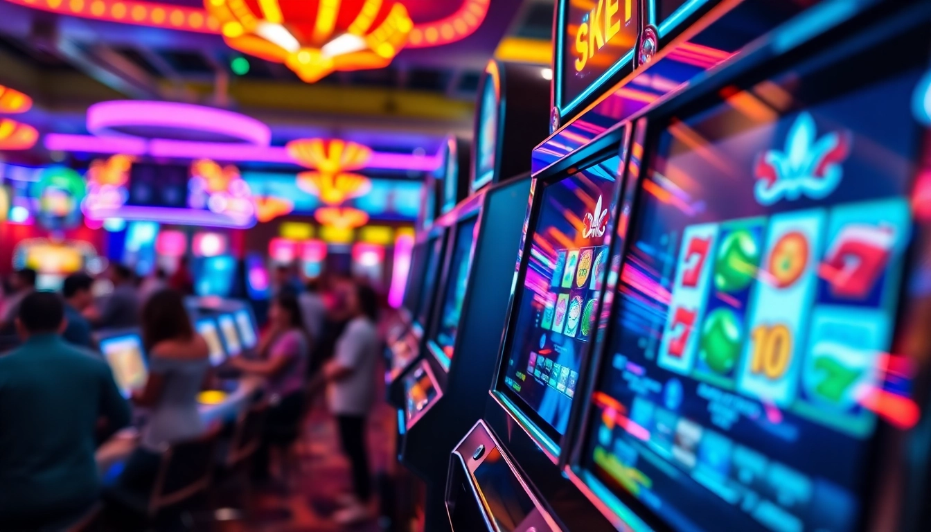 Slot machine menyebarkan keceriaan di kasino yang ramai dengan cahaya berwarna-warni.