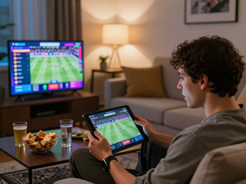 IDNSCORE enhances online sports betting excitement with a person engaged on a tablet, capturing strategic moments.