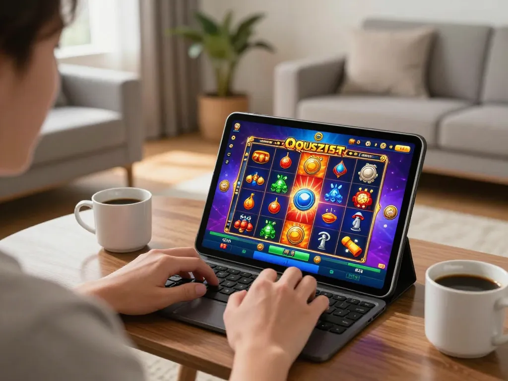 Playing QQSLOT on a tablet in a cozy home gaming environment, showcasing vibrant slot game graphics.