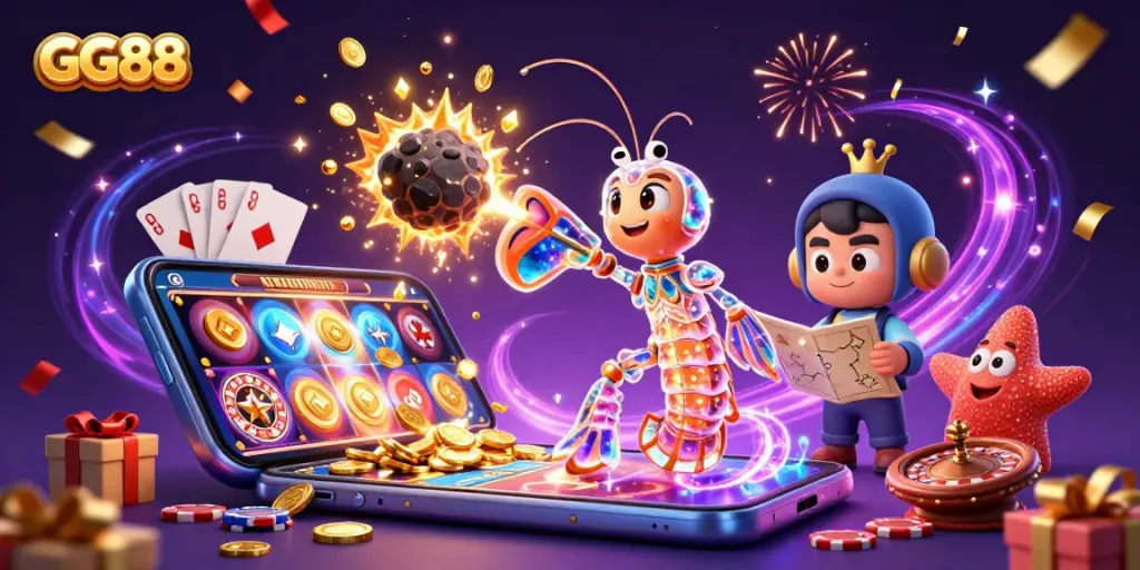 Experience the thrill of GG88 as galactic samurai and starfish navigate a vibrant casino explosion.