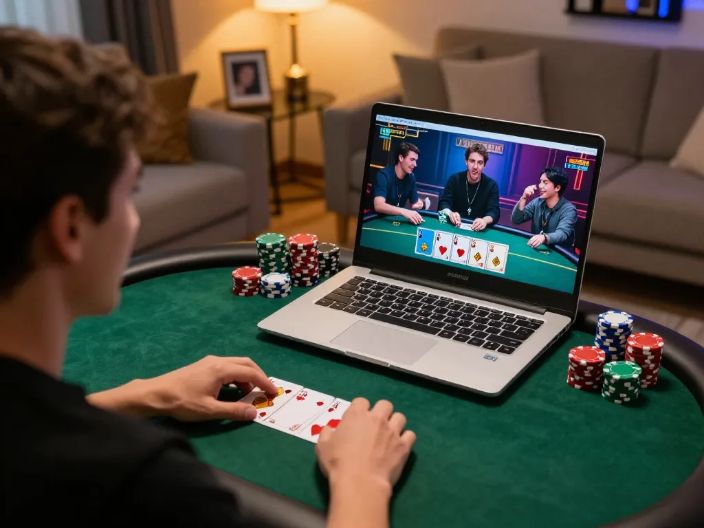 Pemain menikmati permainan poker daring di laptop di rumah, fokus pada strategi untuk menang di alexis500.