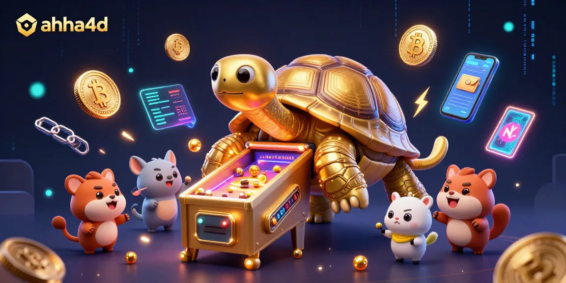 Experience gaming thrill with ahha4d in a lively 3D illustration featuring a golden tortoise pinball.