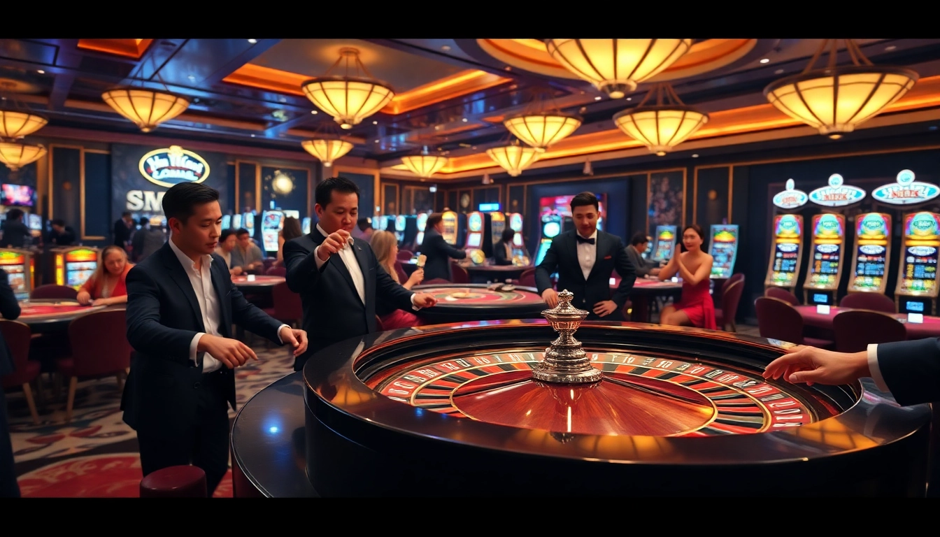 Exciting casino scene featuring players at a reputable house - nhà cái uy tín roulette table and poker excitement.
